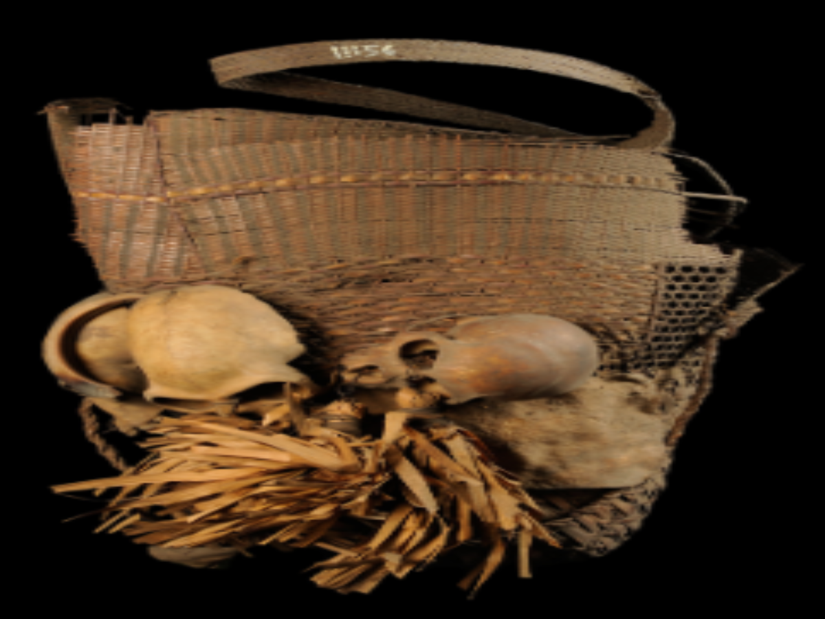 Basket decorated with a bunch of leaves Basket decorated with a bunch of leaves