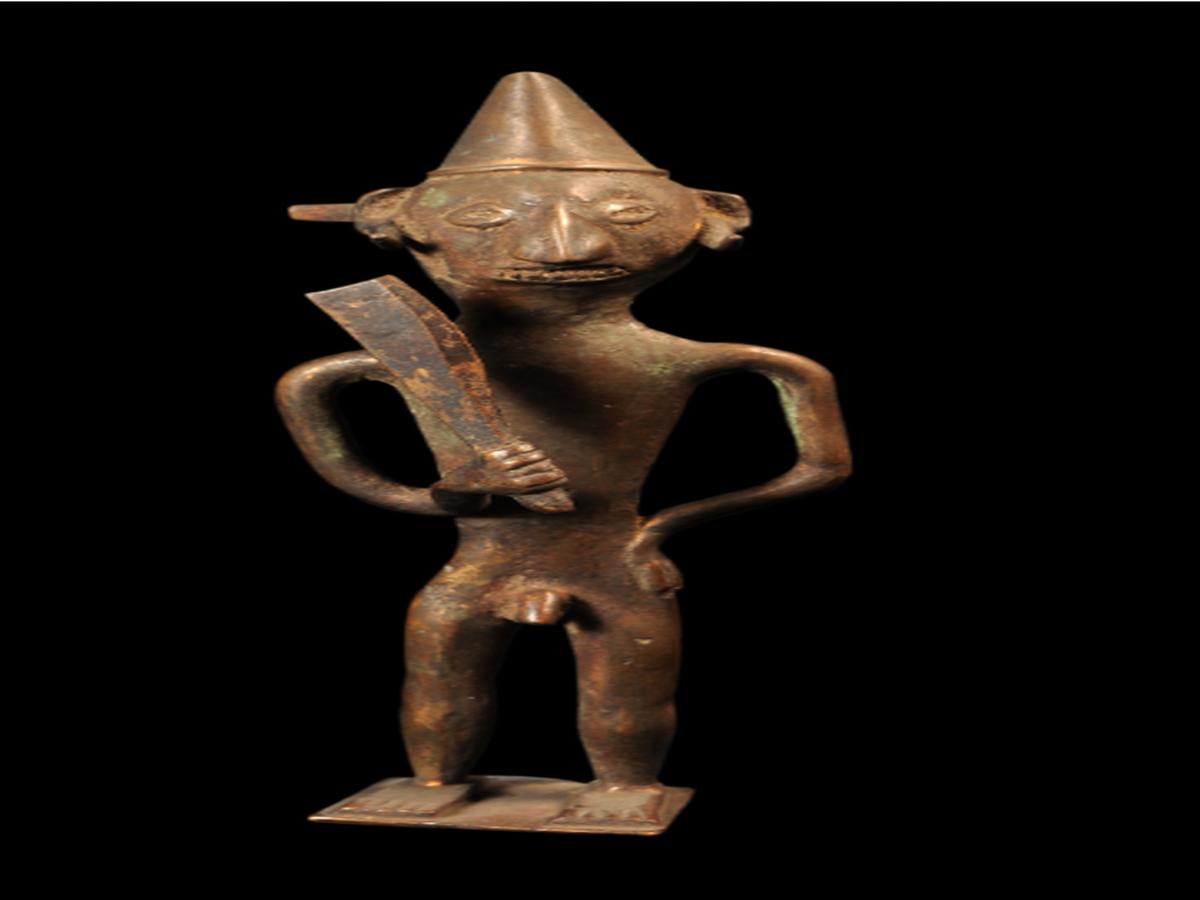 Brass Statue with Headgear and Dao Brass Statue with Headgear and Dao