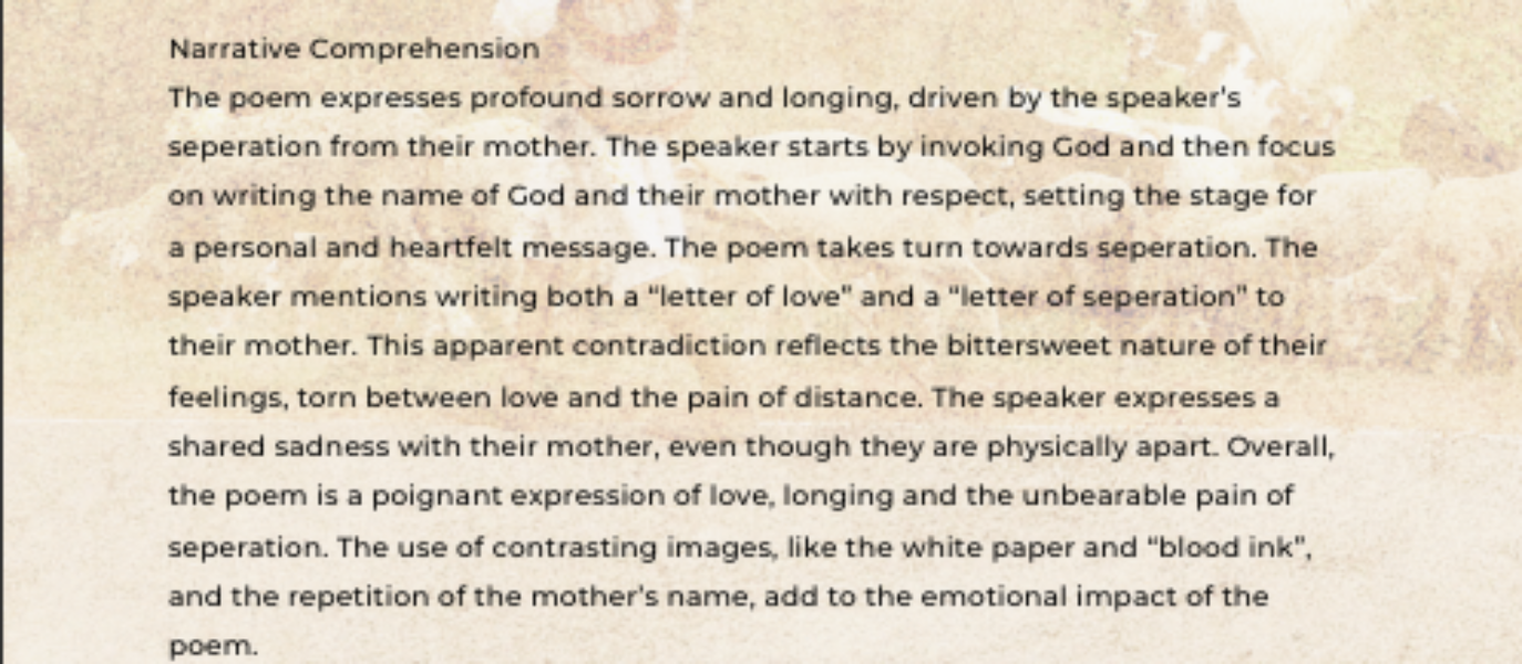 Comprehension of the poem Comprehension of the poem