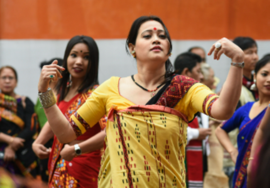 Mising women dancing at Ali-Aye-Ligang Festival. Mising women dancing at Ali-Aye-Ligang Festival.
